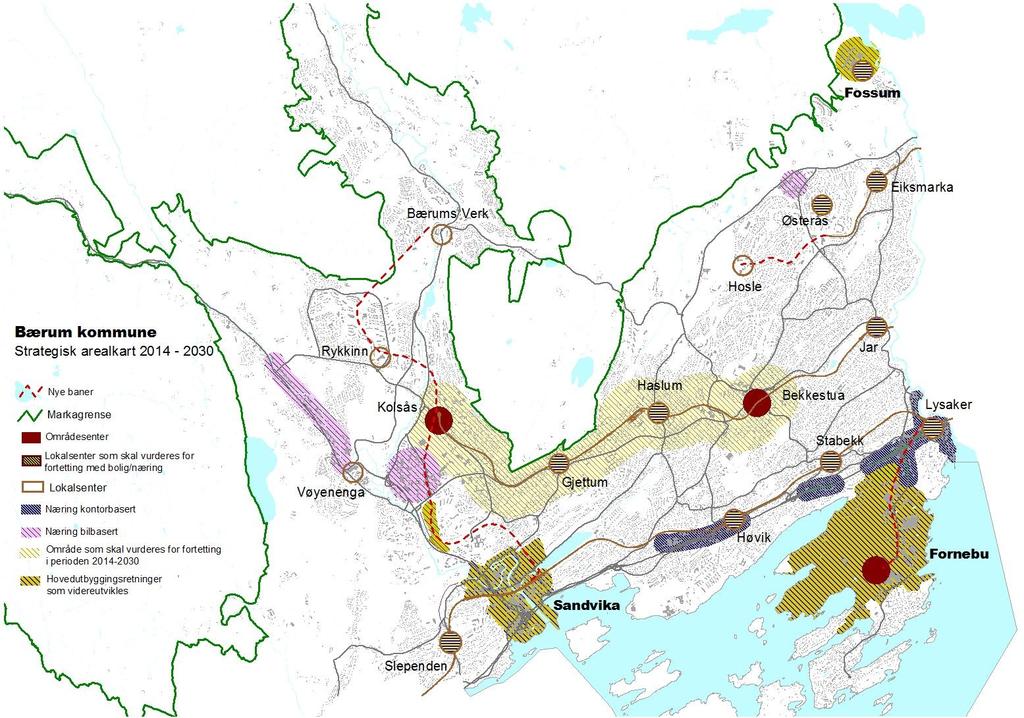 Strategisk arealkart for perioden 2013-2030 Strategisk arealkart viser hovedtrekkene i anbefalt utbyggingsmønster og banesystem for perioden 2013 2030.