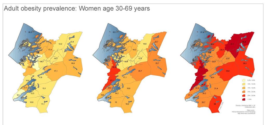Utviling over tid: Fedmeutvikling kvinner i befolkningen HUNT1