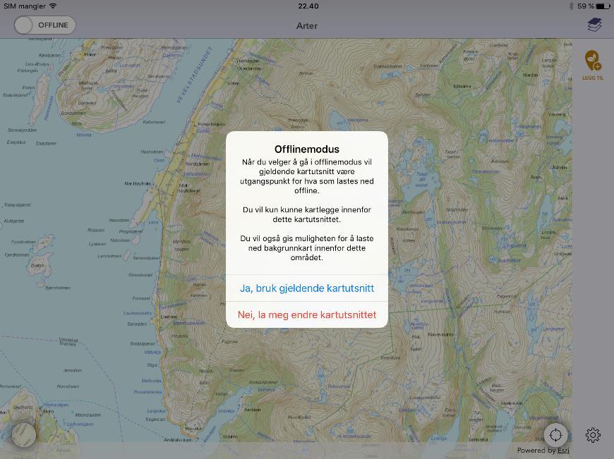 Velger du å endre kartutsnittet, settes appen i online modus og gir deg anledning til å justere. Når du er fornøyd med kartutsnittet og velger å bekrefte, går appen i offline modus. 4.1.