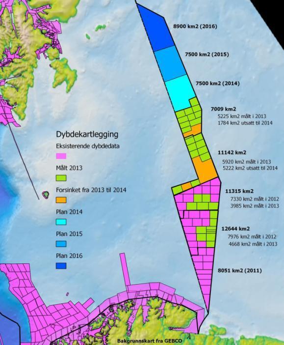 Figur 4. Status for dybdekartlegging i Barentshavet sørøst i 2013.