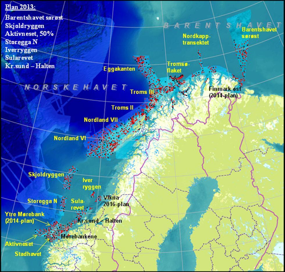 Figur 2. Områder som hittil er kartlagt i MAREANO (dybde, geologi, biologi, kjemi). Områder som ble bio-geo-kjemi-kartlagt i 2013 er vist oppe til venstre i figuren.