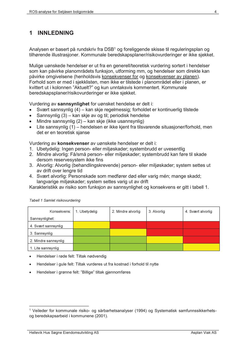 ROS-analyse for Seljåsen boligområde 4 1 INNLEDNING Analysen er basert på rundskriv fra DSB 1 og foreliggende skisse til reguleringsplan og tilhørende illustrasjoner.