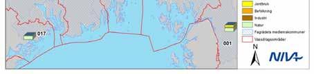 Figur 5. Fordeling av tilførsler av nitrogen fra ulike kilder fordelt på de ulike vassdragsområdene som drenerer til Ytre Oslofjord (angitt med nummer på kartet).