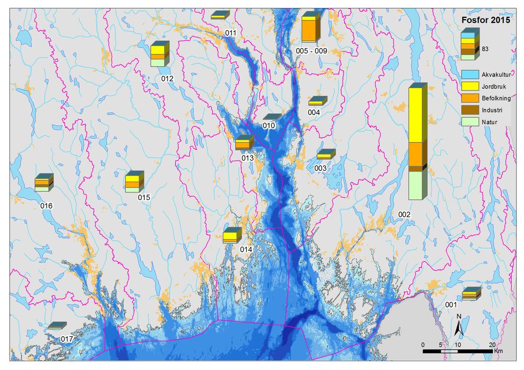 Figur 9. Fordeling av beregnede kildefordelte tilførsler av fosfor (tonn) i 2015 fra ulike kilder i de ulike vassdragsområdene som drenerer til Ytre Oslofjord.