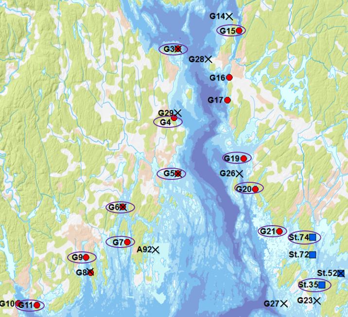 Stasjoner hvor det ble registrert stillehavsøsters (Crassostrea gigas) i 2014 (markert