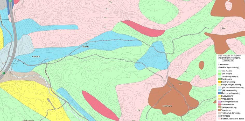 Side 13 av 18 Løsmassekart for området er presentert under. Figur 16. Løsmassekart for Høybydalen. Marine leirer og morenemasser dominerer i planområdet. 3.4.