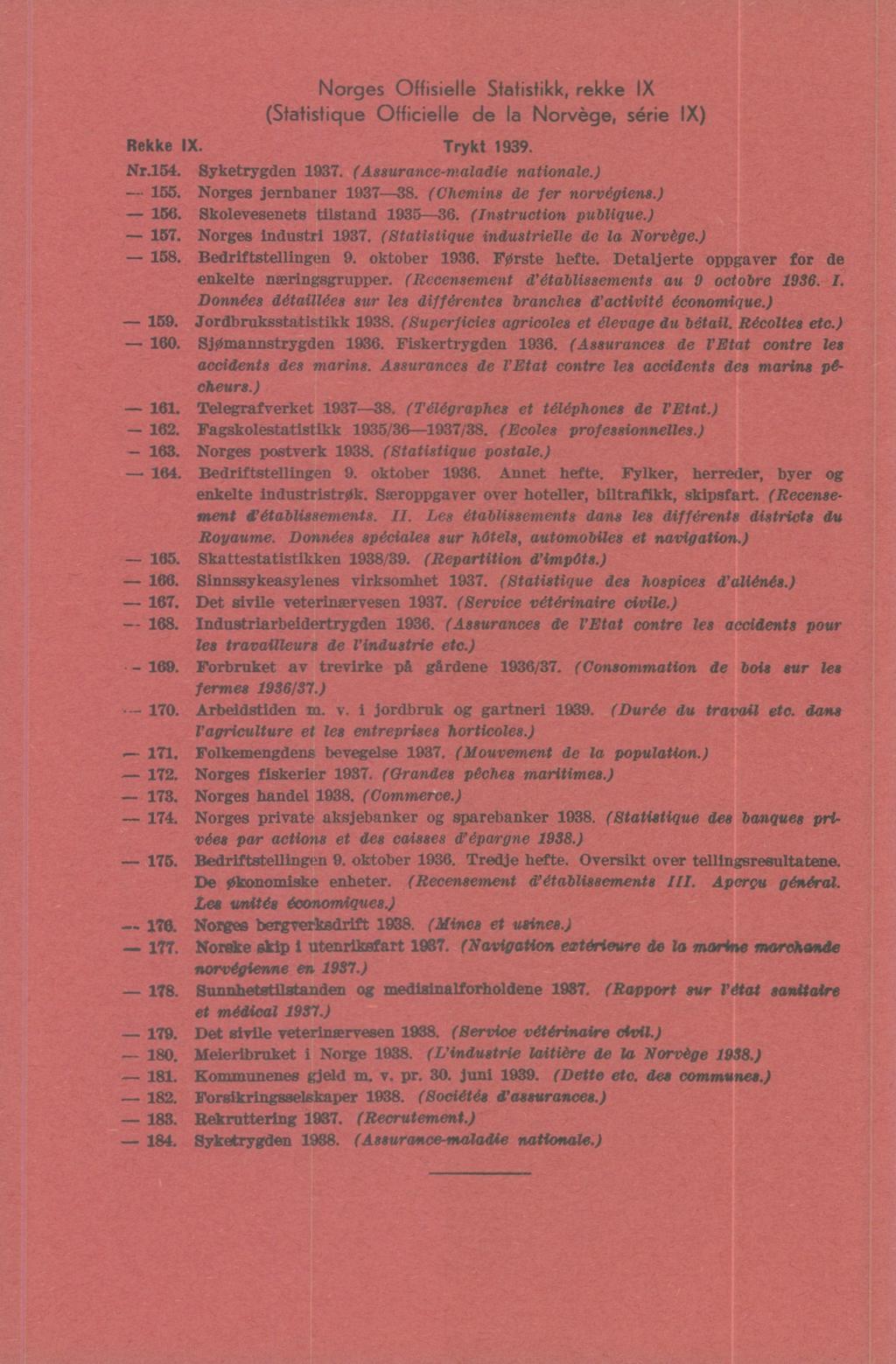Norges Offisielle Statistikk, rekke IX (Statistique Officielle de la Norvège, série IX) Rekke IX. Trykt 1939. Nr.154. Syketrygden 1937. (Assurance-maladie nationale.) - 155. Norges jernbaner 1937 38.