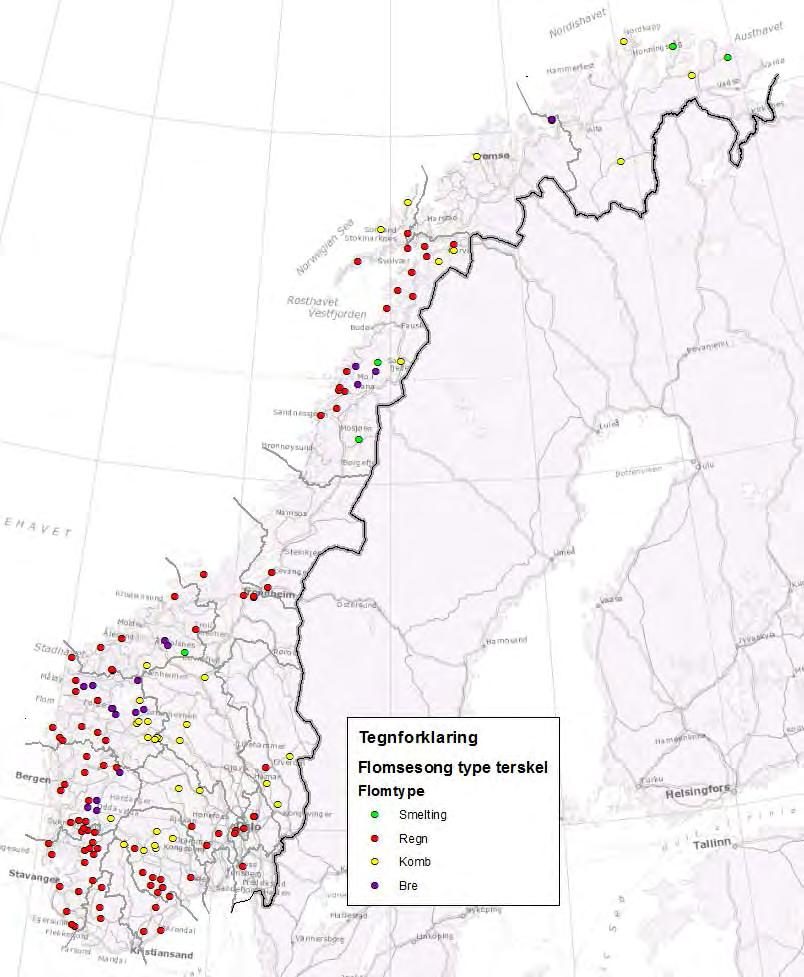 Figur 5 viser at det kun er fem felt som domineres av smelteflommer. 2 ligger i Finnmark, 2 ligger i indre strøk av Nordland og en (Håkadalselv) er et høytliggende felt i Møre og Romsdal.