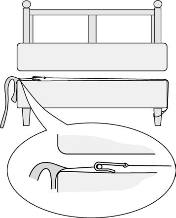 Standard monteringsanvisninger Fest enden av hver stropp rundt sengebenene, -hjulene eller -rammen på motsatt side av sengen (A fig.