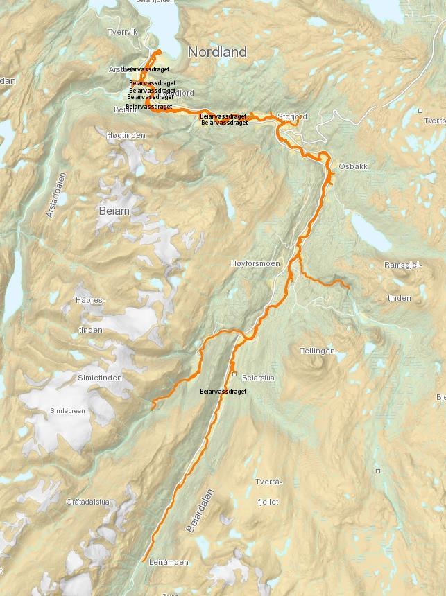 3.7 Beiarelva m/sideelver Lakseførende strekninger fra dagens vandringshinder i Høgforsen og ned til tidevannspåvirket del av elva (Voll) ble undersøkt ved drivtelling 10. oktober (figur 9).