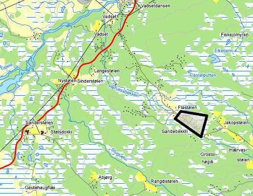 Figur 1: Planområdet ligger i Tisleidalen, ca 3 km sørøst for Vasetdansen. Adkomsten til feltet er privat bomveg, Eksisterende hytter i området har ikke innlagt vann eller avløp i dag.