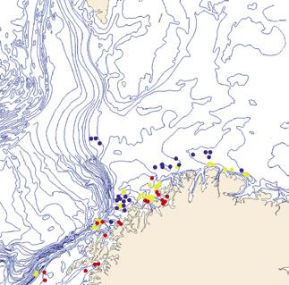 Røstrevet ble dokumentert av Havforskningsinstituttet i 22 vest for Røst. Det er opptil 2,8 km bredt og det største Lophelia-revkomplekset som noensinne er registrert. Figur 2.3.