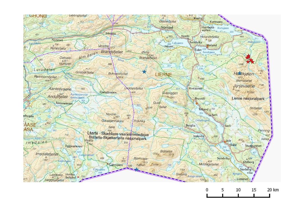 Figur 3. Oversikt over fellingssted for ni radiomerkede fjellryper som ble merket i Lierne vinteren 2012 og 2013. Fellingssted er markert med stjerne på kartet.