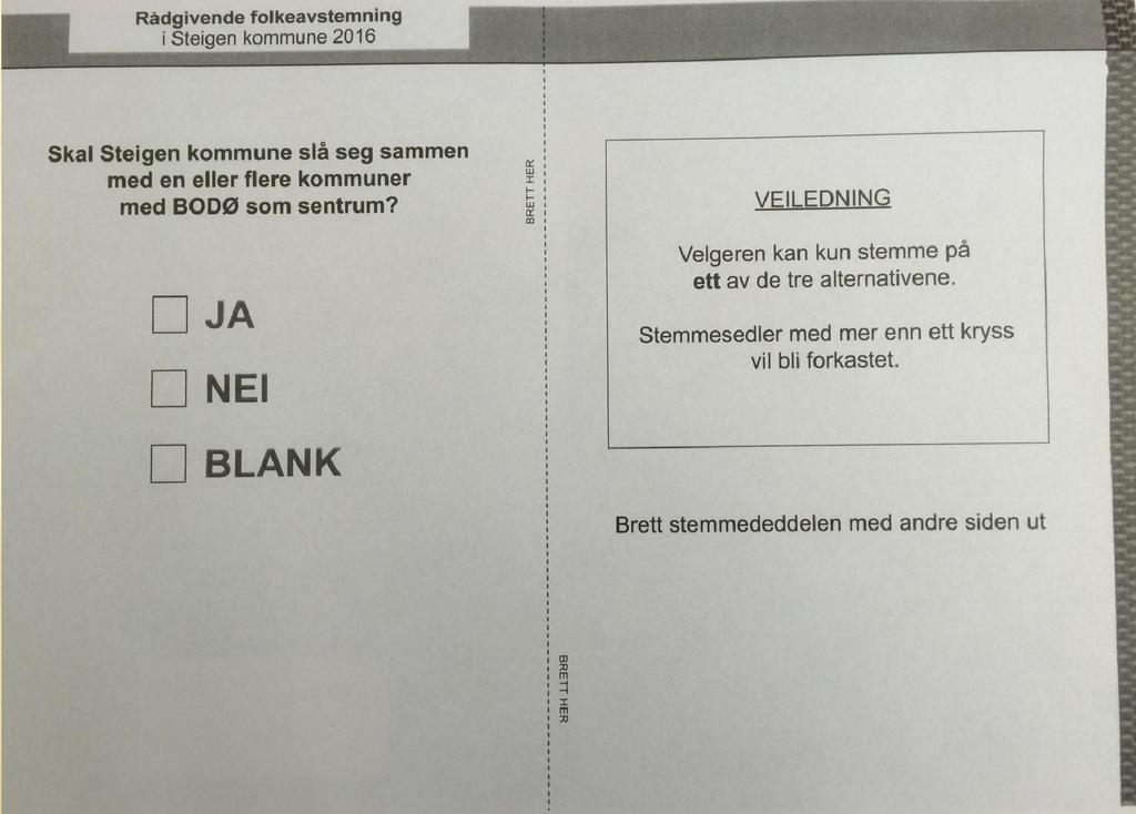 ALTERNATIVENE Du kan stemme på følgende alternativer: Skal Steigen kommune