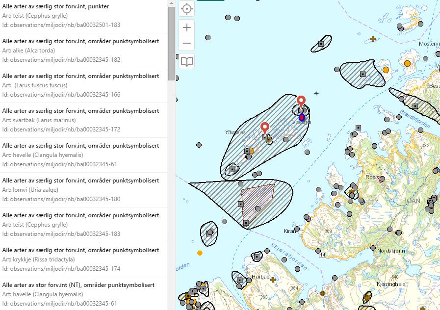 Vedlegg 6.3.4 Naturdatabase Kart over artsdata i nærhet til lokaliteten. Hentet fra Direktoratet for Naturforvaltnings Naturbases nettside; http://geocortex.dirnat.