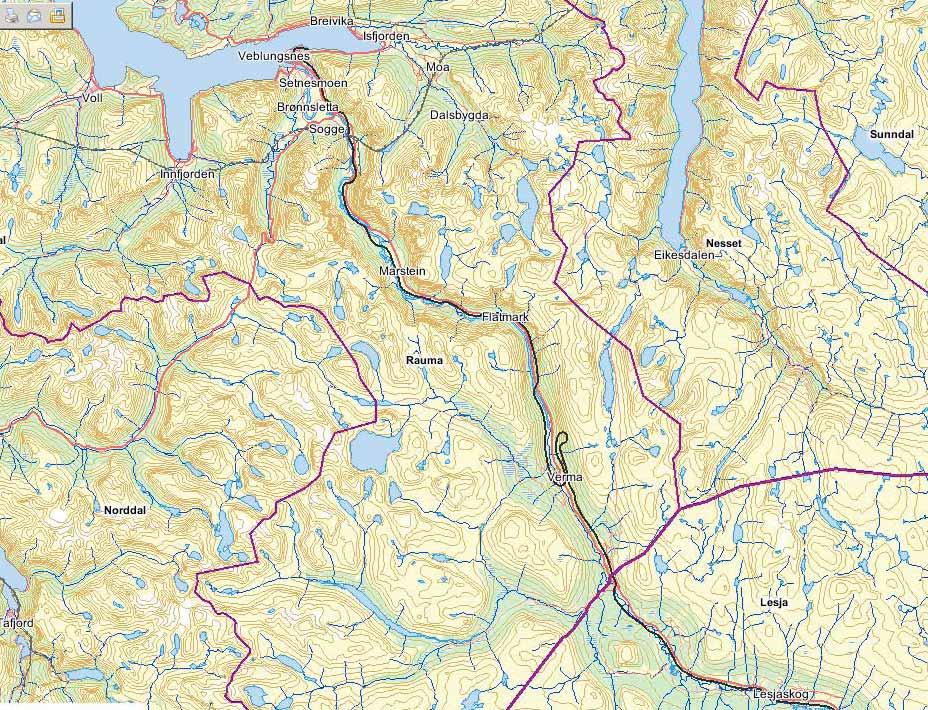 Terreng og vegetasjon Romsdalen er her på et av sine smaleste partier. Rasmasser og elvas løp har formet et kupert terreng.
