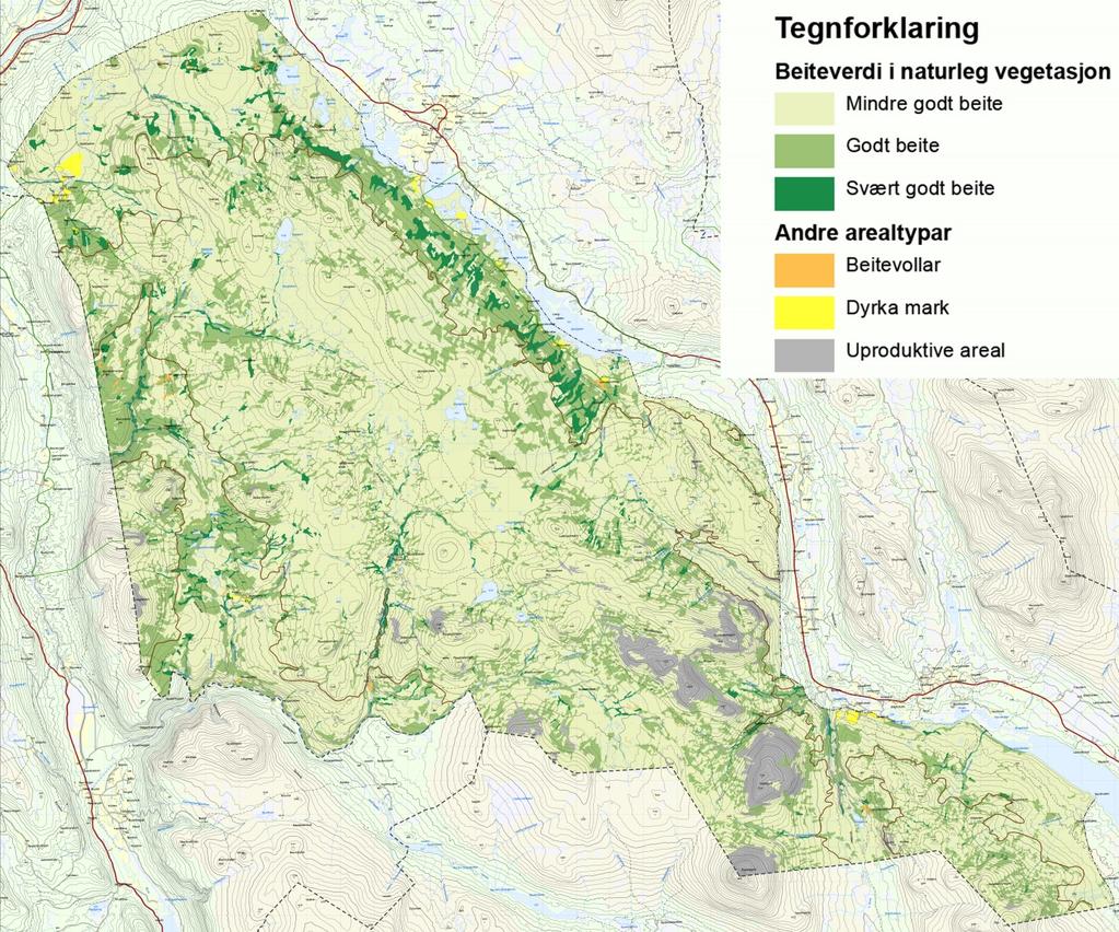 Beiteverdien for vegetasjonstypane på beitekarta er bestemt ut frå første signatur i kvar figur på vegetasjonskartet.