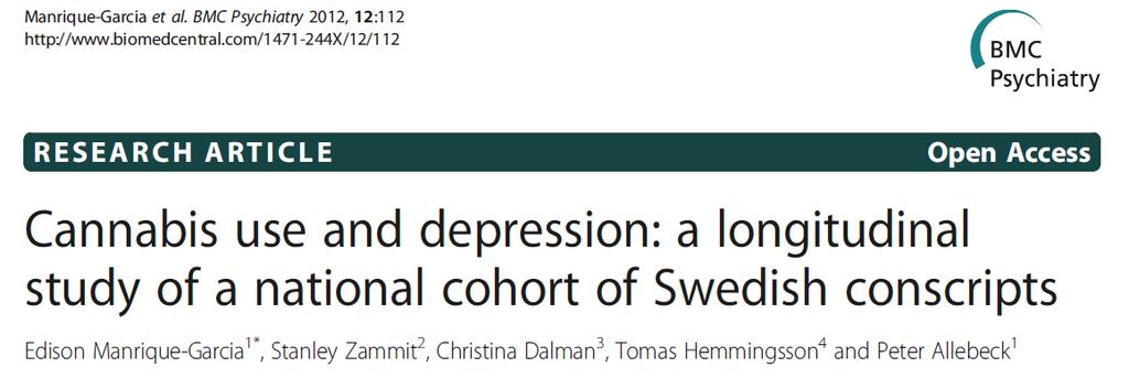 Cannabis og depresjon (2) 45 087 svenske menn, data på cannabis bruk ved 18-20 års
