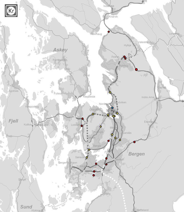 1.Fv243 Tellevikvegen 2. Fv267 Åsamyrane 3. E39 Åsanevegen 4. E16 Arnavegen 5. Fv580 Hardangervegen 6.Rv555 Sotravegen, Loddefjord 7.Fv558 Lyderhornsvegen 8.Fv556 Straumeveien 9. Rv580 Fritz C.