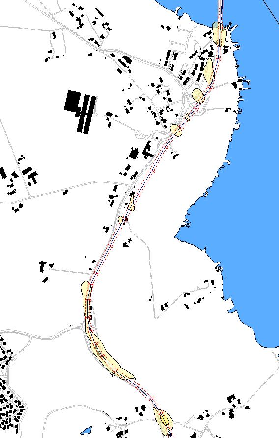 Figur 5.6: Vintermidlet bakkekonsentrasjon for NO 2 for strekningen Mæland Hafrsfjord bro. Gule områder er gul luftforurensningssone etter kravene i T-1520.
