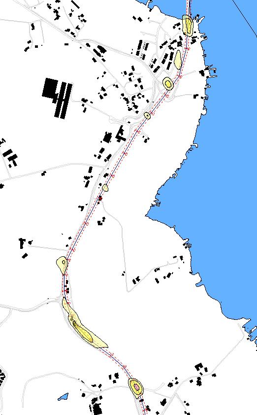 Figur 5.9: Døgnmidlet bakkekonsentrasjon for PM 10 med 7 tillatte overskridelser for strekningen Mæland Hafrsfjord bro.
