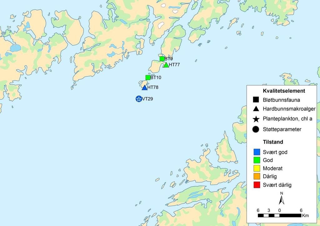 Figur 1. Samlet tilstandsvurdering basert på biologisk kvalitetselement og støtteparametere for perioden 20