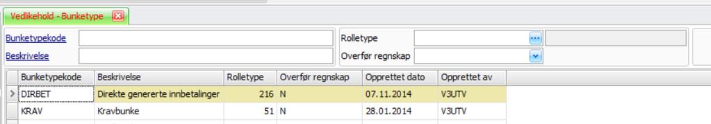 Vedlikehold Nytt skjermbilde: Bunketype (US 3742) Bunketype er et skjermbilde som brukes for å angi type bunker i bilagsregistrering. Vi har nå laget skjermbilde for å vedlikeholde bunketypene.