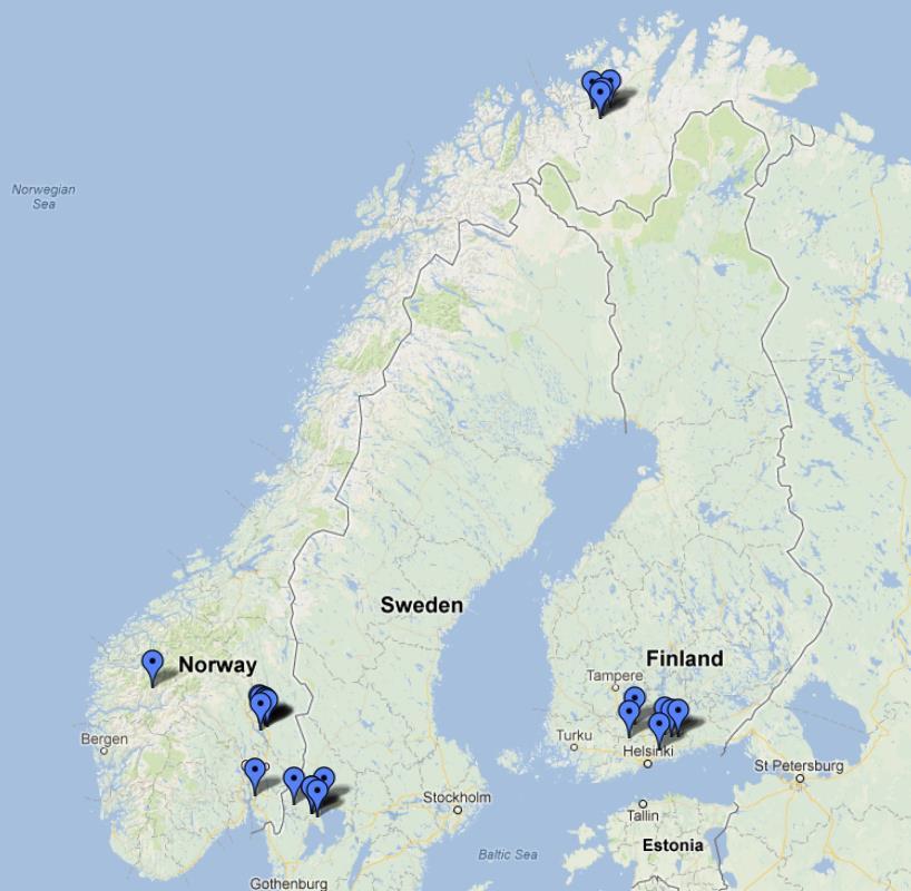 Figur 1 viser en oversikt over besøksgårdenes lokalisering, hvorav fem var i Sverige, seks i Finland og 11 i Norge.