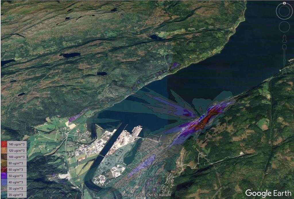 Spredningsberegninger Figur 6 Lik skorsteinshøyde på eksisterende tapperøyksfilter og nytt tapperøyksfilter. 18. høyeste bakkekonsentrasjonsbidrag av NO2 (µg/m³, timemiddel). Meteorogidata 2010.