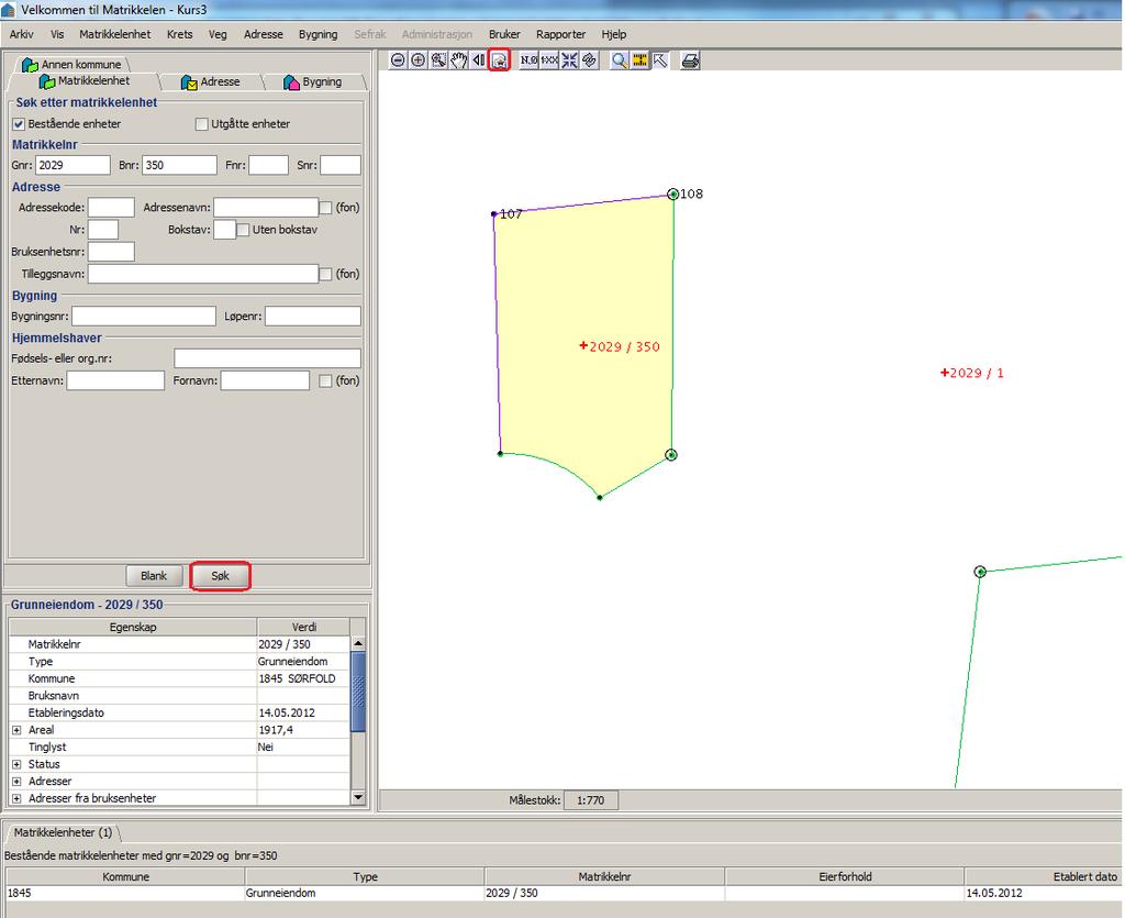 Søk frem området i kartet der ny matrikkelenhet skal