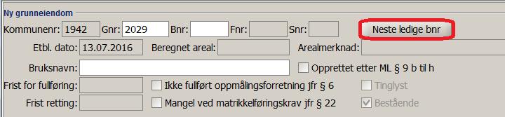 Klikk på knappen for å utføre selve fradelingen. Opprett ny grunneiendom ved fradeling Matrikknummer: Samme gnr som avgiver blir presentert.