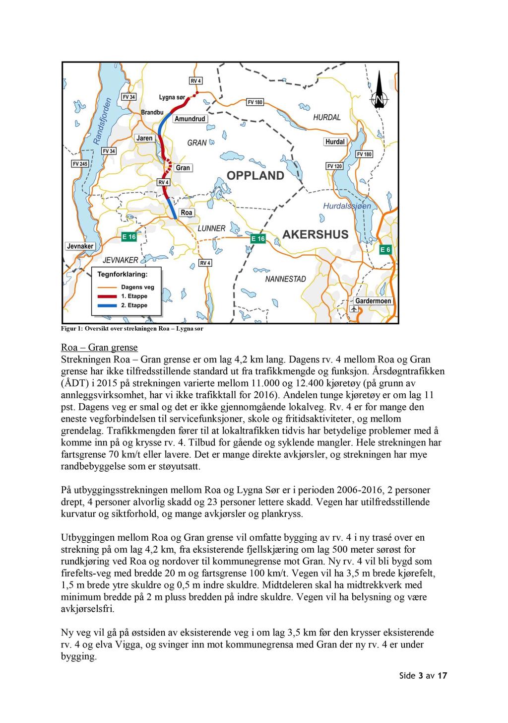 Figur 1: Oversikt over strekningen Roa Lygna sør Roa Gran grense Strekningen Roa Gran grense er om lag 4,2 km lang. Dagens rv.