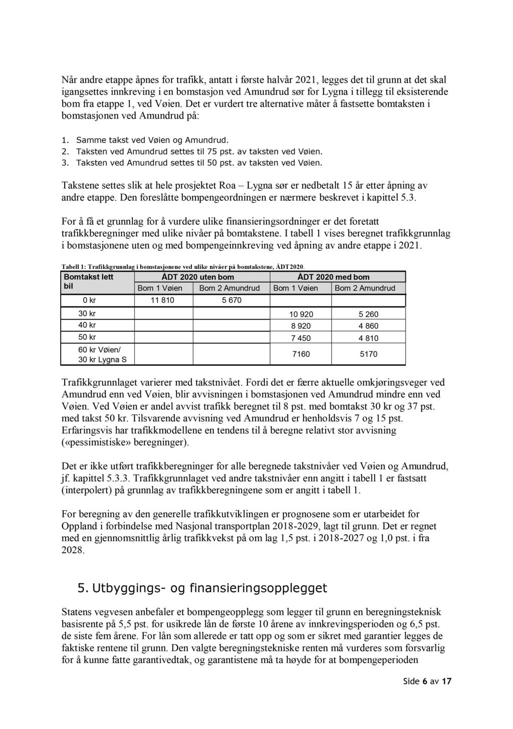 Når andre etappe åpnes for trafikk, antatt i første halvår 2021, legges det til grunn at det skal igangsettes innkreving i en bomstasjon ved Amundrud sør for Lygna i tillegg til eksisterende bom fra