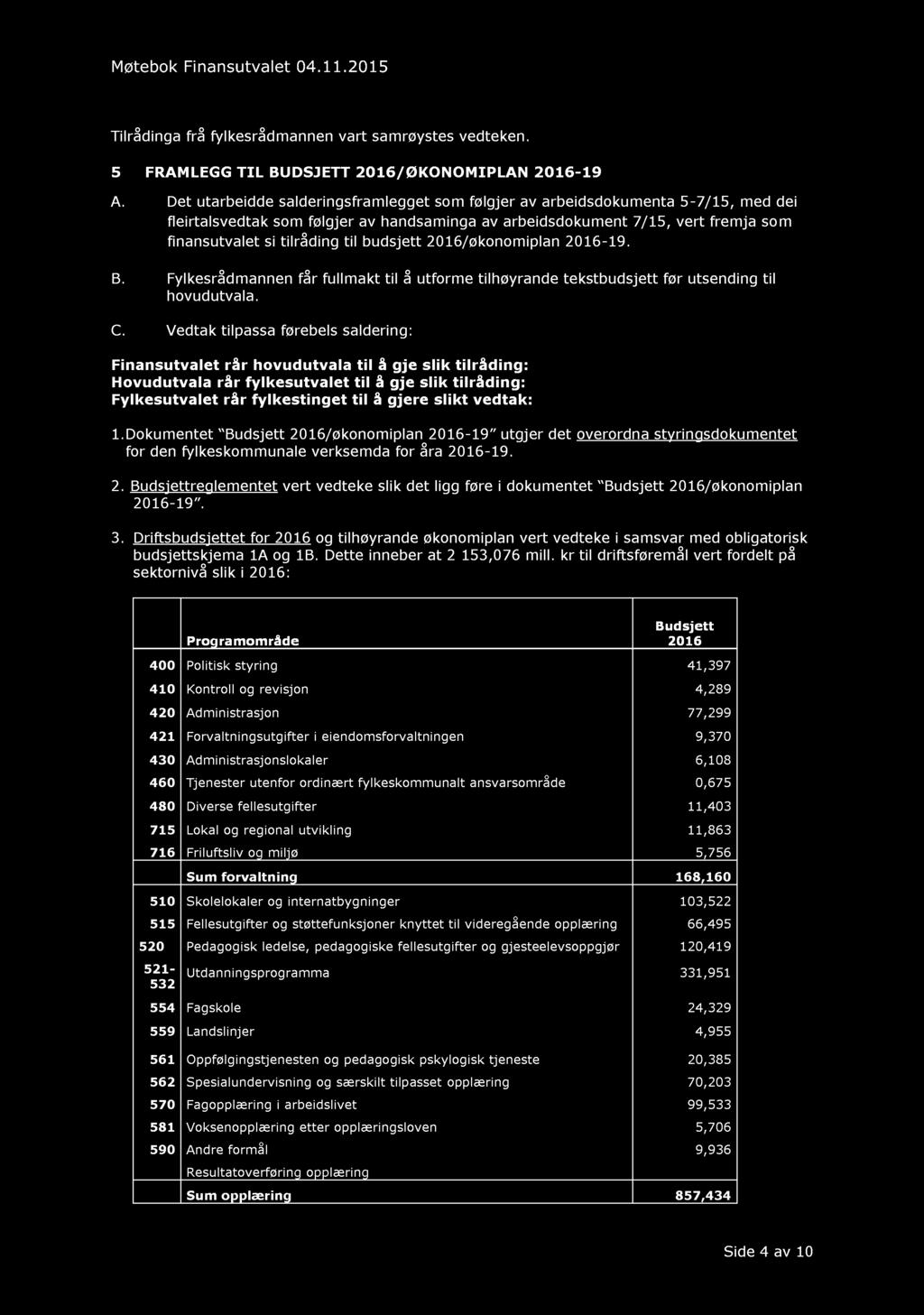 5 FRAM LEGG TIL BUDSJET T 2016/ØKON OMIPLAN 2 016-19 A.