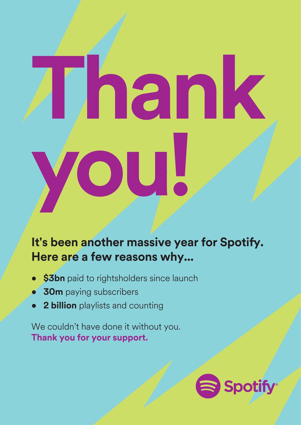 It's been another massive year for Spotify. Here are a few reasons why.... $3bn paid to rightsholders since launch.