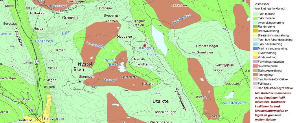 8.1 Beskrivelse av jordmasser og berggrunn Hytteområdet ligger 850 880 moh og består jorddekket mark i kombinasjon med områder med fjell i dagen.
