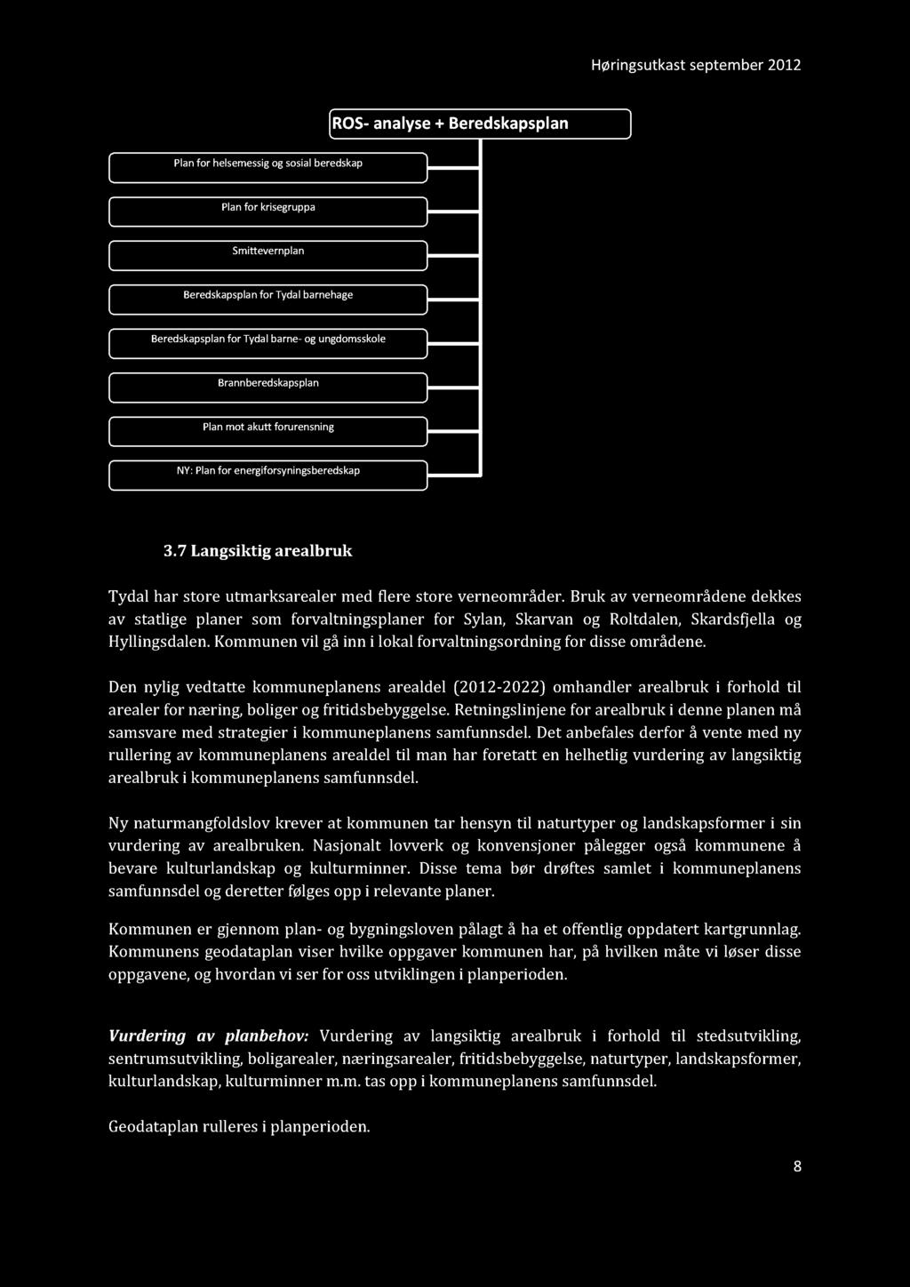 Høringsutkastseptember2012 ROS- analyse+ Beredskapsplan Beredskapsplanfor Tydalkommune(overordnet) Planfor helsemessigogsosialberedskap Planfor krisegruppa Smittevernplan Beredskapsplanfor