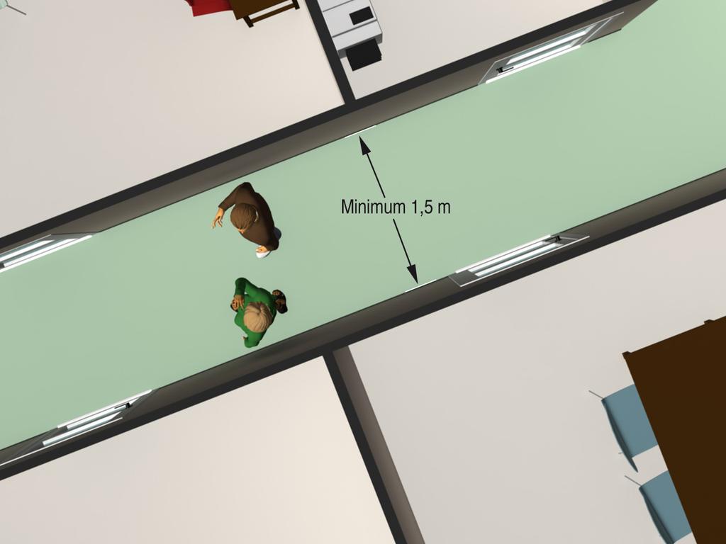 12-6 Figur 1: Det må være minimum 1,5 m fri bredde i korridor og svalgang.