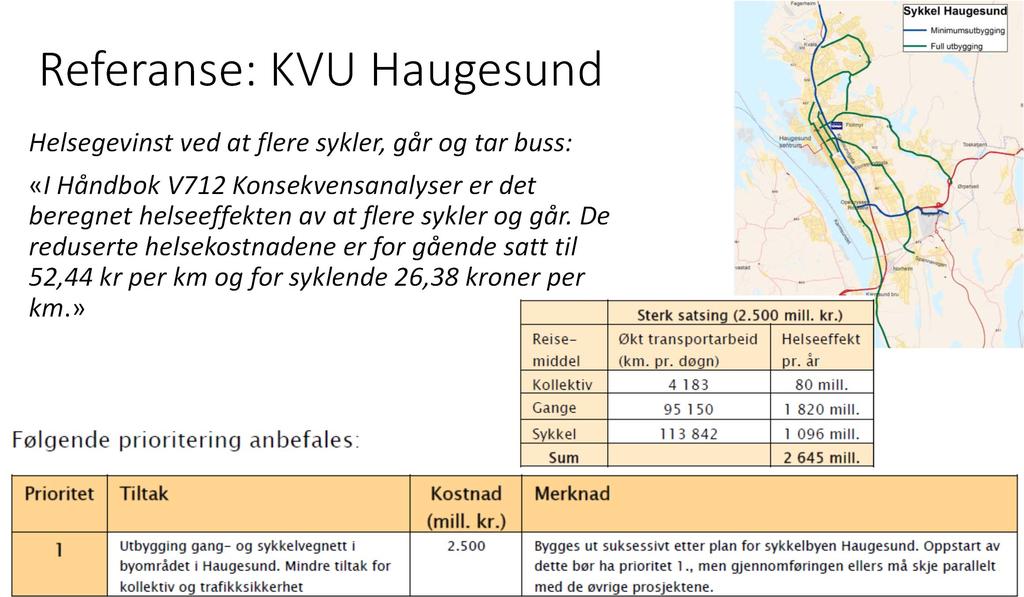 Referanse: KVU Haugesund Helsegevinst ved at flere sykler, går og tar buss: «I Håndbok V712 Konsekvensanalyser er det beregnet