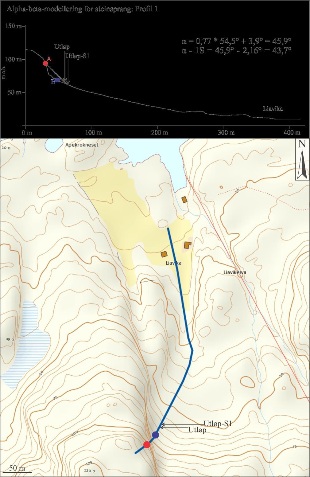 Figur 15: Profil 1: Modellert utløpsdistanse for steinsprang. Profilet (blå linje) er vald ut ifrå eit potensielt utløysingspunkt (A) i den bratte hammaren sør for Liavika.