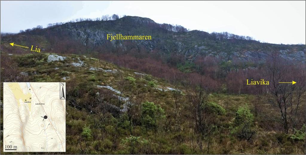Figur 21: Fotografiet viser ein nord-sør-orientert fjellhammar der Liavika er mot nord og Lia ligg sør for fjellhammaren.