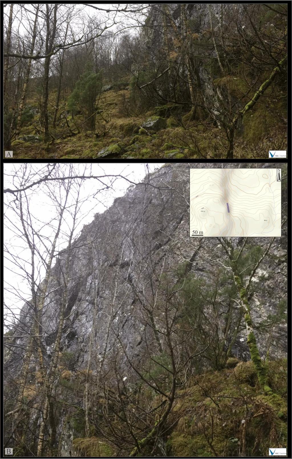 Figur 27: A) Bakken nedanfor fjellhammaren byrjar å flate ut. B) Hammaren er her på sitt høgste, ca. 20 m.