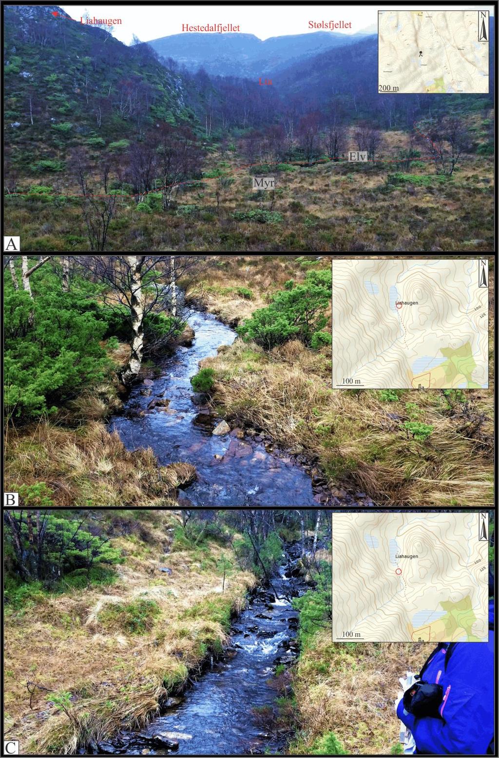Figur 32: A) Stipla linje markerer elva som renn ned frå Høgeheiaområde og inn i Liavikelva lenger nede.