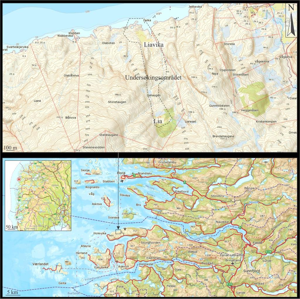 KAPITTEL 1 OMRÅDESKILDRING 1.1. Plassering Undersøkingsområdet er to bruk, bnr. 1 og 2, på gnr. 3 og mellom dei der det er planlagt å legge ein 1,5 m brei veg for firehjul-sykkel (Figur 1 og 2).