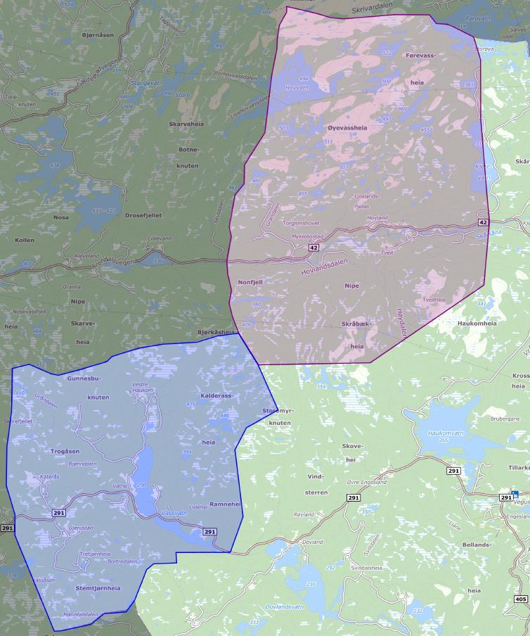 Områdene er vist i kart nedenfor og vil i denne utredningen refereres til som Hovlandsdalen og Vassgrenda.