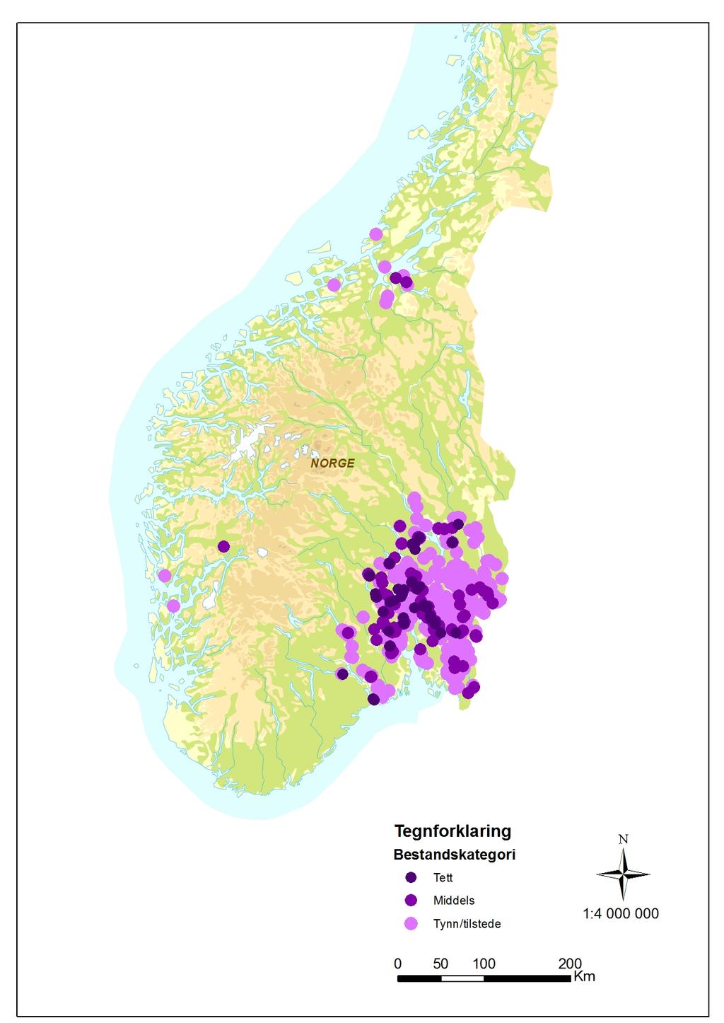 Figur 3. Geografisk plassering av edelkrepsbestander i Norge.