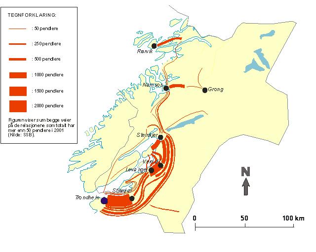 Figur 4-5: Illustrasjon av viktige strekninger for arbeidspendling i Nord-Trøndelag (2001-tall)(Kilde: SSB) Framstillingen i figuren ovenfor er basert på 2001-tall, men hovedtrekkene er fortsatt