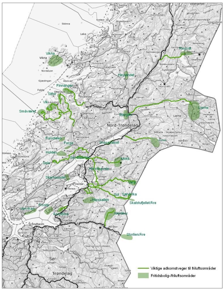 Figur 4-6: Kart (foreløpig) som illustrerer viktige utfartsområder og områder for friluftsliv i Nord-Trøndelag Det er store forskjeller i tettheten av fritidsboligene.