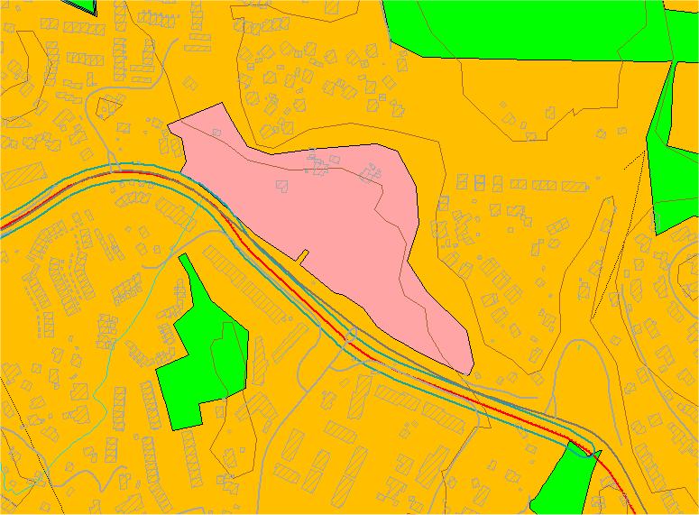 Fig.1. Utsnitt av kommuneplanens arealdel. Skoletomten er vist med rosa. Kommunedelplan for bybanetrase vist med blått og rødt.