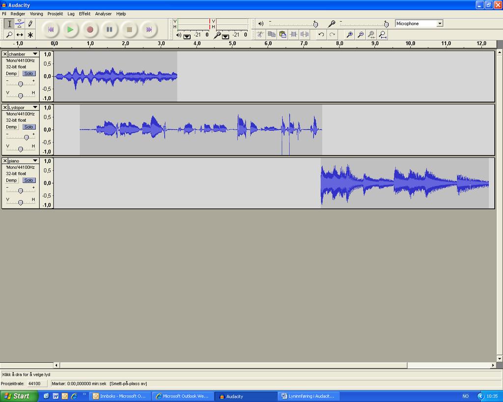 Skjermbildet i Audacity viser vært enkelt lydspor som et lydprosjekt